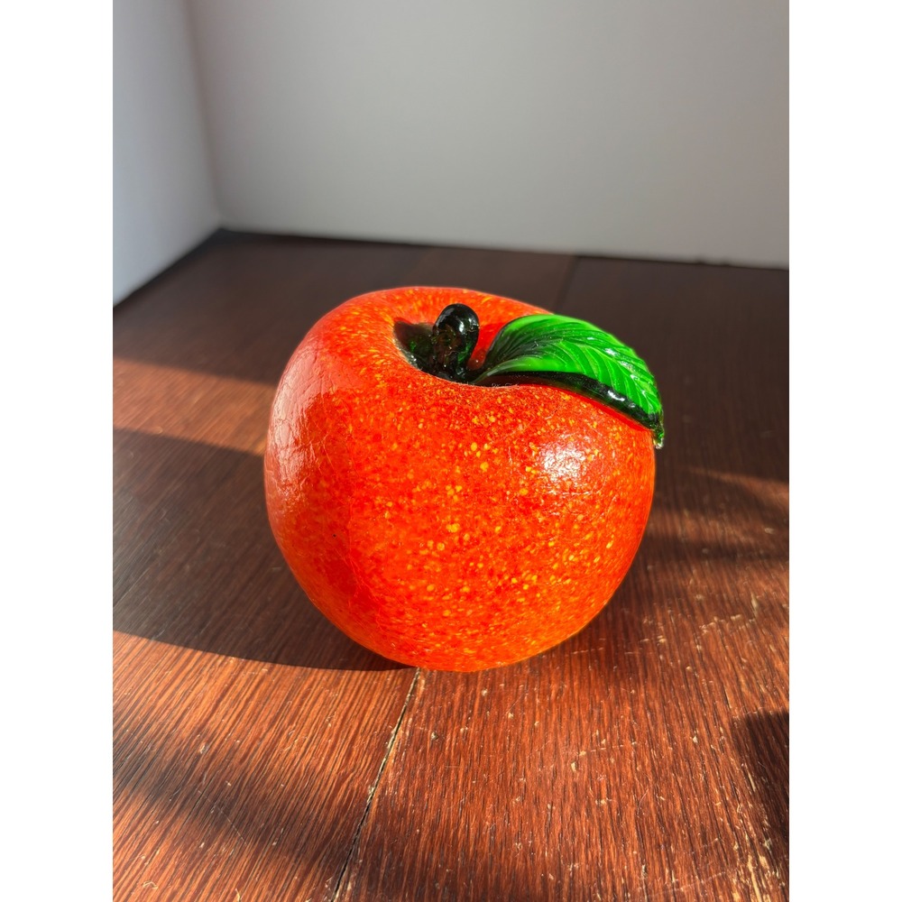 Formia Murano Art Glass Orange Fruit Sculpture Textured Peel Green Leaf Italy